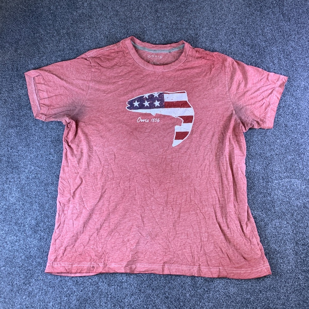 Orvis Classic Collection T-Shirt Mens XL Heather Red American Flag Fish Graphic